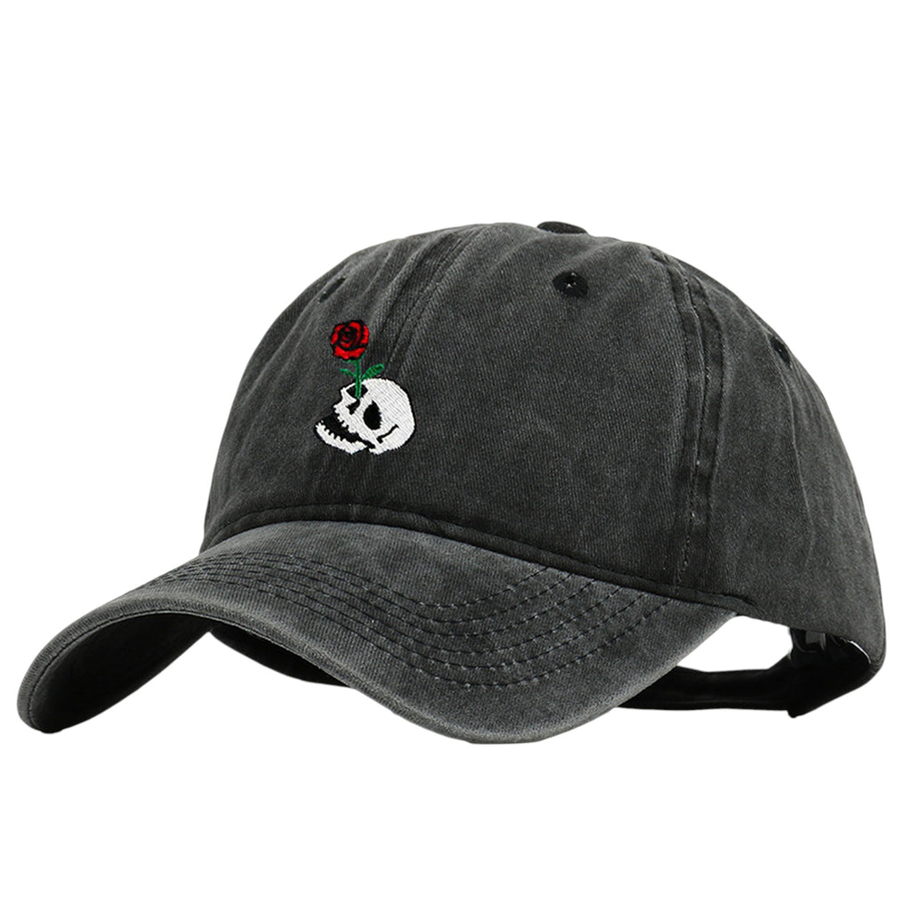 Anna-Kaci Women's Vintage Washed Baseball Cap with Skull and Rose Embroidery