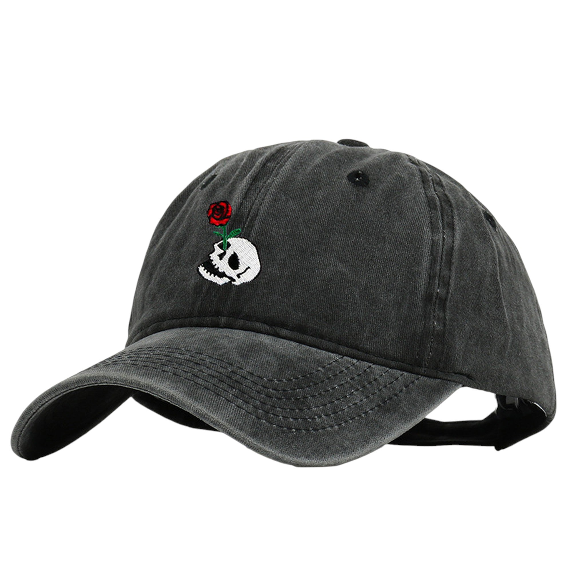 Anna-Kaci Women's Vintage Washed Baseball Cap with Skull and Rose Embroidery