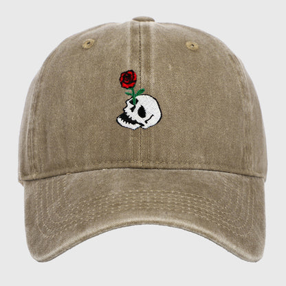 Anna-Kaci Women's Vintage Washed Baseball Cap with Skull and Rose Embroidery