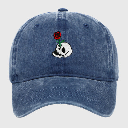 Anna-Kaci Women's Vintage Washed Baseball Cap with Skull and Rose Embroidery