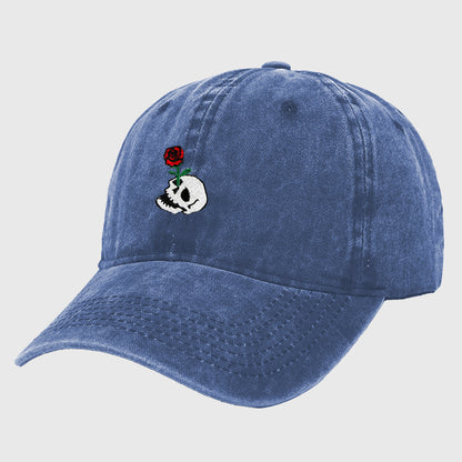 Anna-Kaci Women's Vintage Washed Baseball Cap with Skull and Rose Embroidery