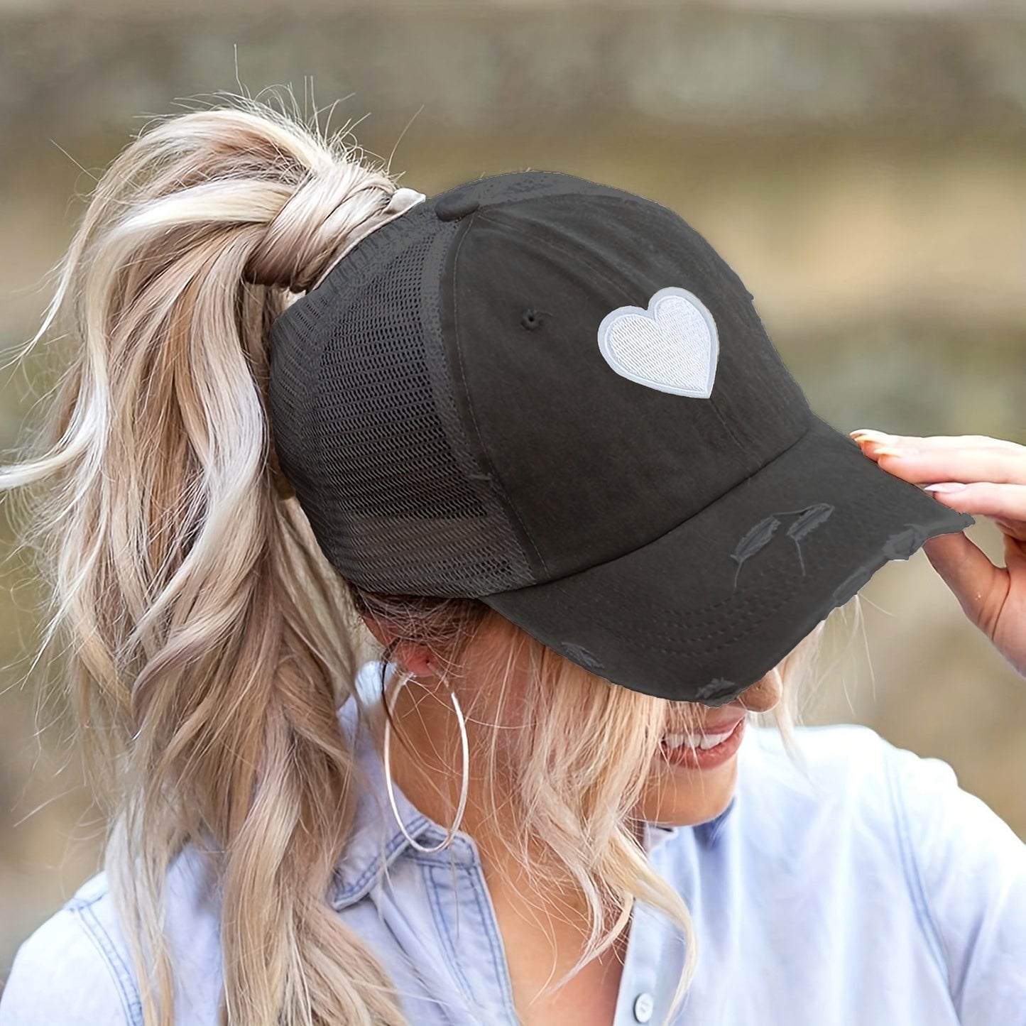 Anna-Kaci Women's Distressed Trucker Hat with White Heart Patch