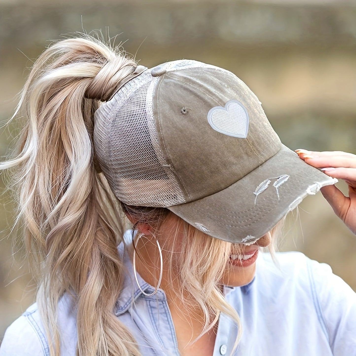 Anna-Kaci Women's Distressed Trucker Hat with White Heart Patch