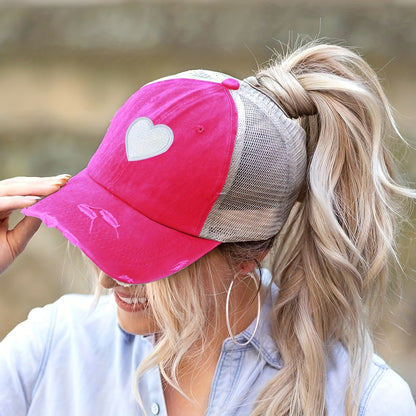 Anna-Kaci Women's Distressed Trucker Hat with White Heart Patch