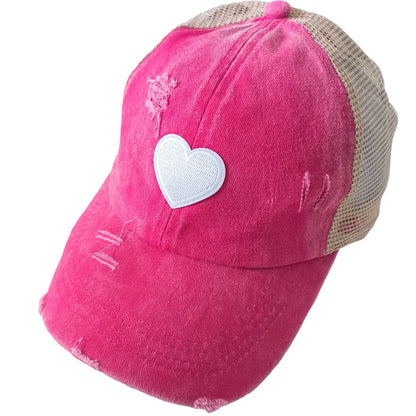 Anna-Kaci Women's Distressed Trucker Hat with White Heart Patch