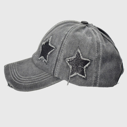 Anna-Kaci Women's Distressed Baseball Cap with Glitter Star Patches