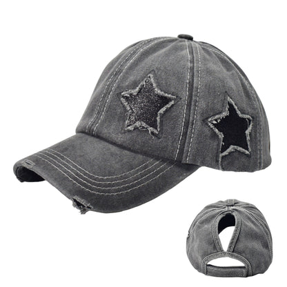 Anna-Kaci Women's Distressed Baseball Cap with Glitter Star Patches