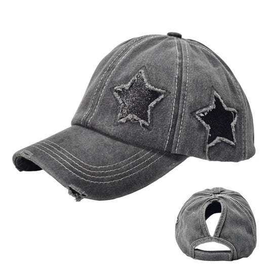 Anna-Kaci Women's Distressed Baseball Cap with Glitter Star Patches