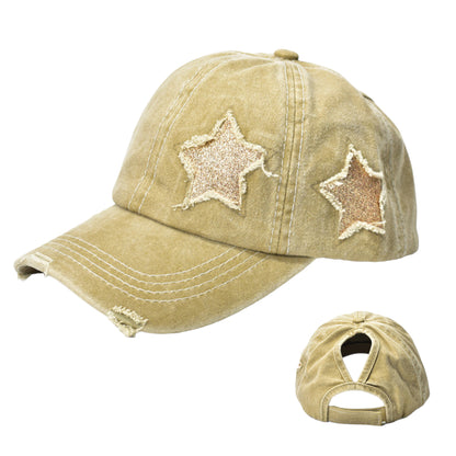 Anna-Kaci Women's Distressed Baseball Cap with Glitter Star Patches
