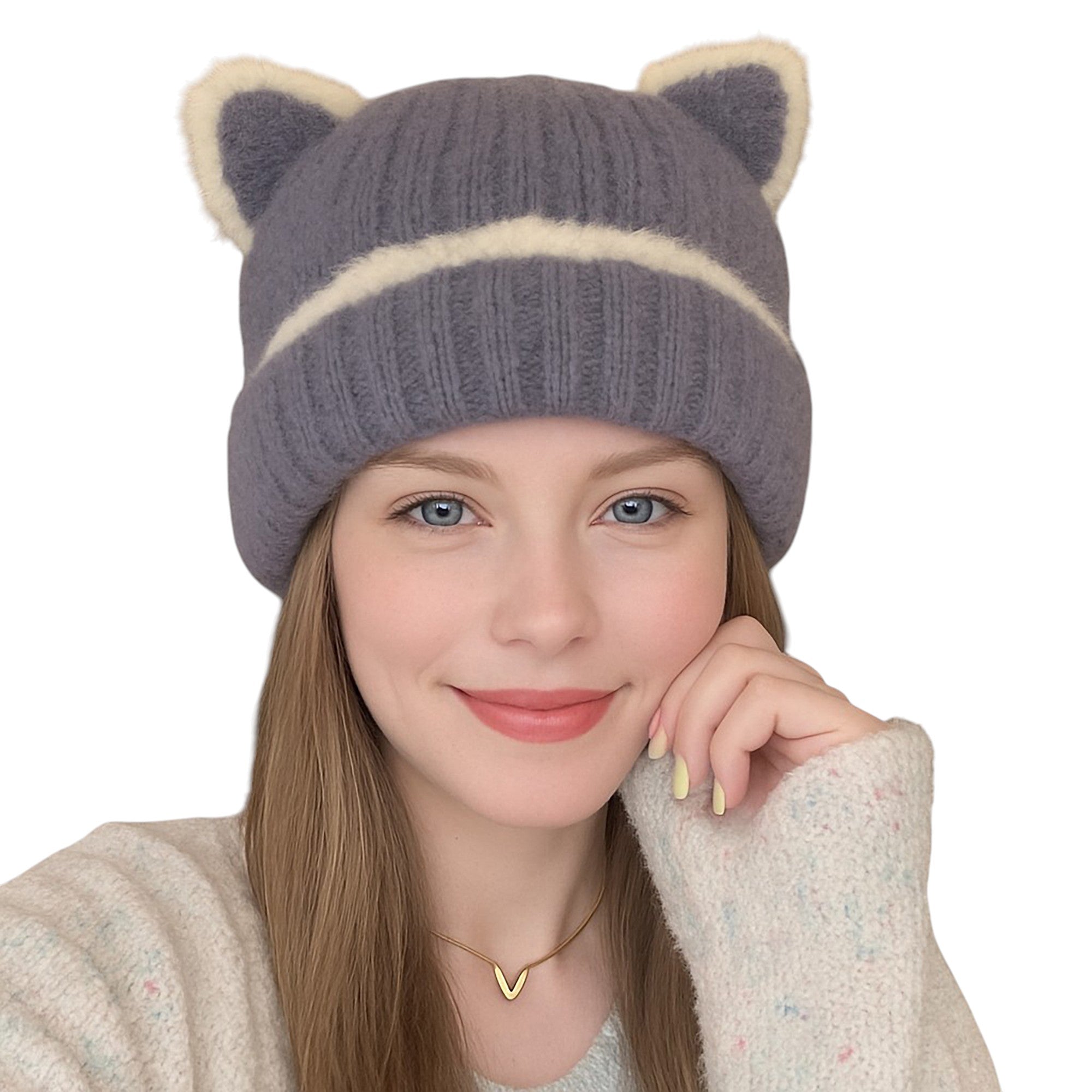 Anna-Kaci Women's Knit Beanie Hat with Adorable Bear Ears and Soft Ribbed Texture