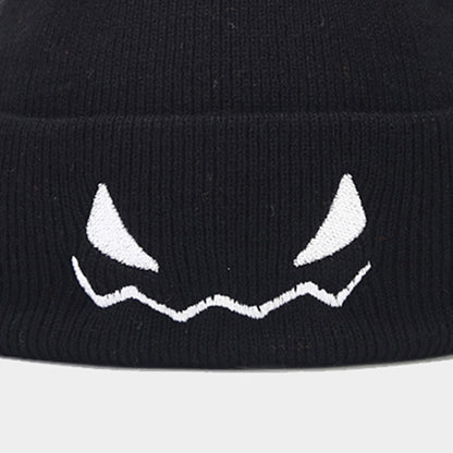 Anna-Kaci Women's Knit Beanie Hat with Pumpkin Face Embroidery Halloween Themed Design