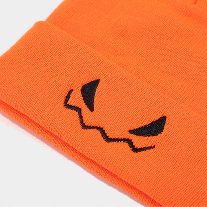 Anna-Kaci Women's Knit Beanie Hat with Pumpkin Face Embroidery Halloween Themed Design