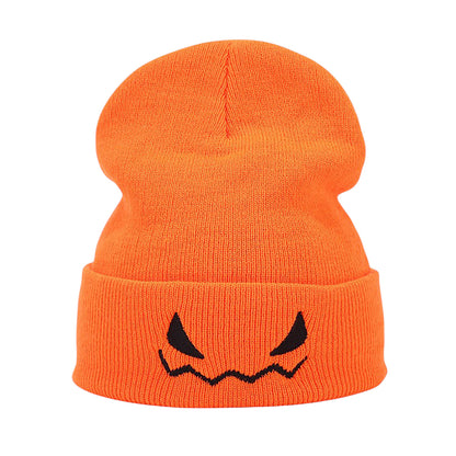 Anna-Kaci Women's Knit Beanie Hat with Pumpkin Face Embroidery Halloween Themed Design