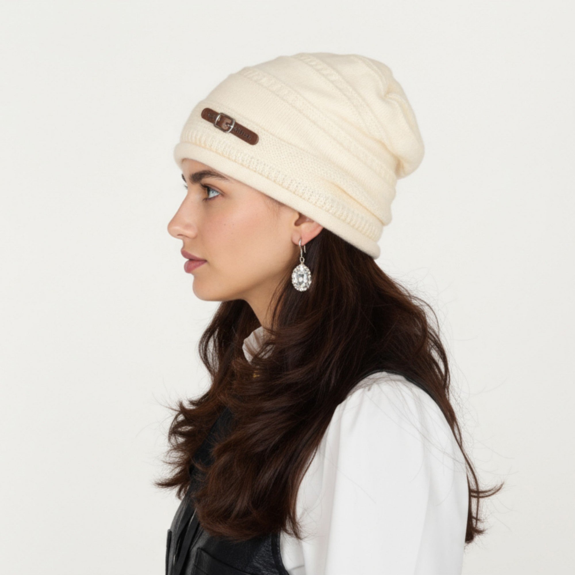 Anna-Kaci Women's Knit Beanie Hat with Faux Leather Buckle Detail and Folded Edge