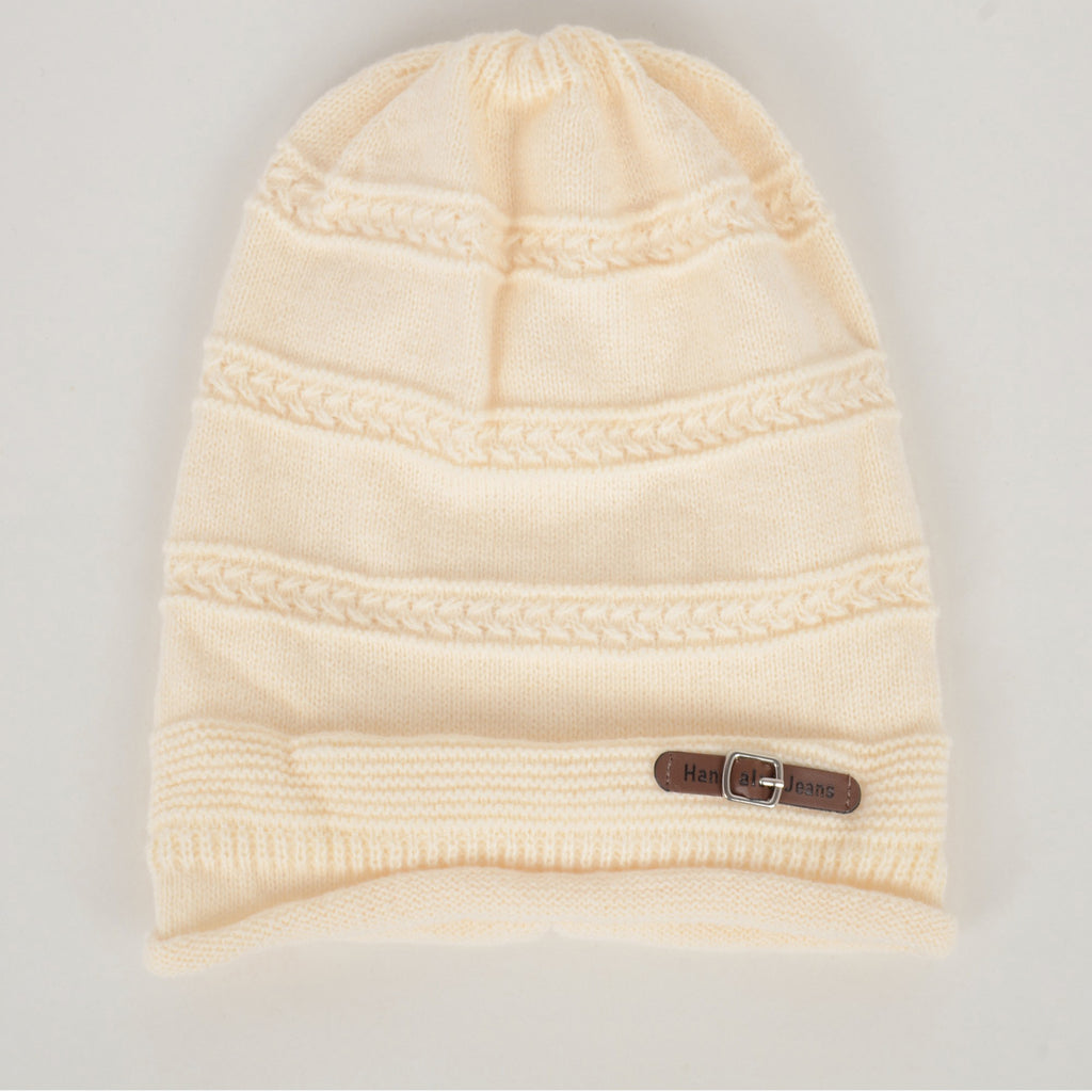 Anna-Kaci Women's Knit Beanie Hat with Faux Leather Buckle Detail and Folded Edge