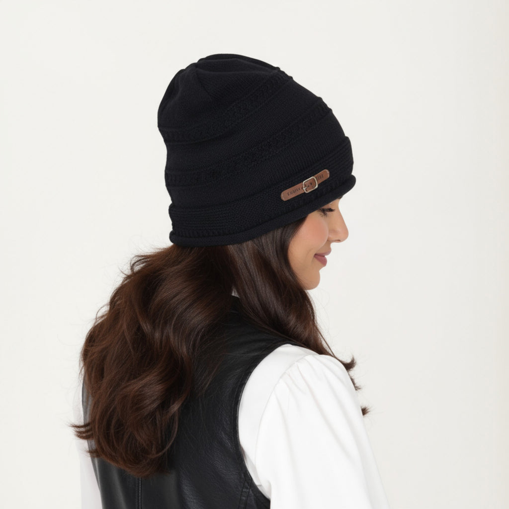 Anna-Kaci Women's Knit Beanie Hat with Faux Leather Buckle Detail and Folded Edge
