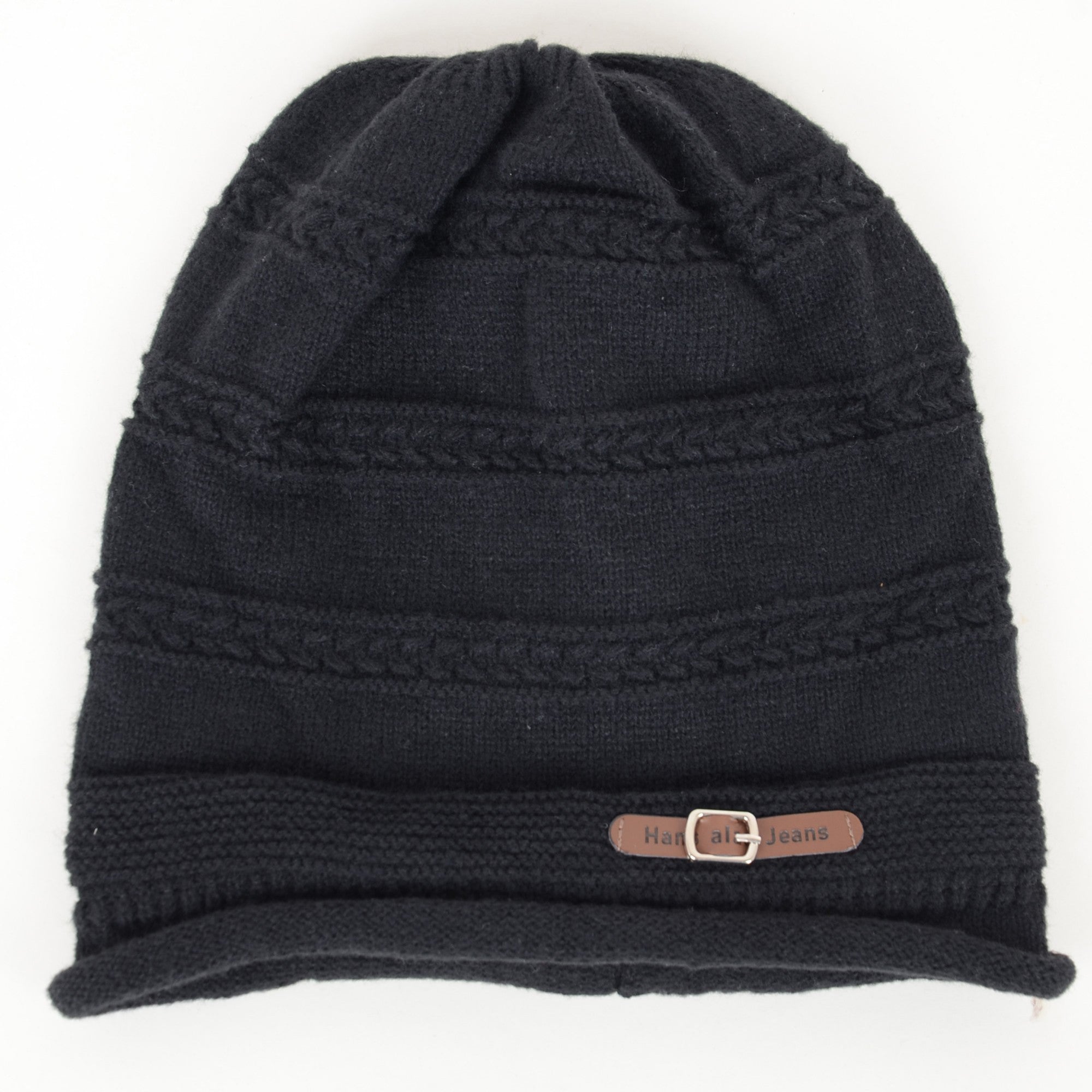 Anna-Kaci Women's Knit Beanie Hat with Faux Leather Buckle Detail and Folded Edge