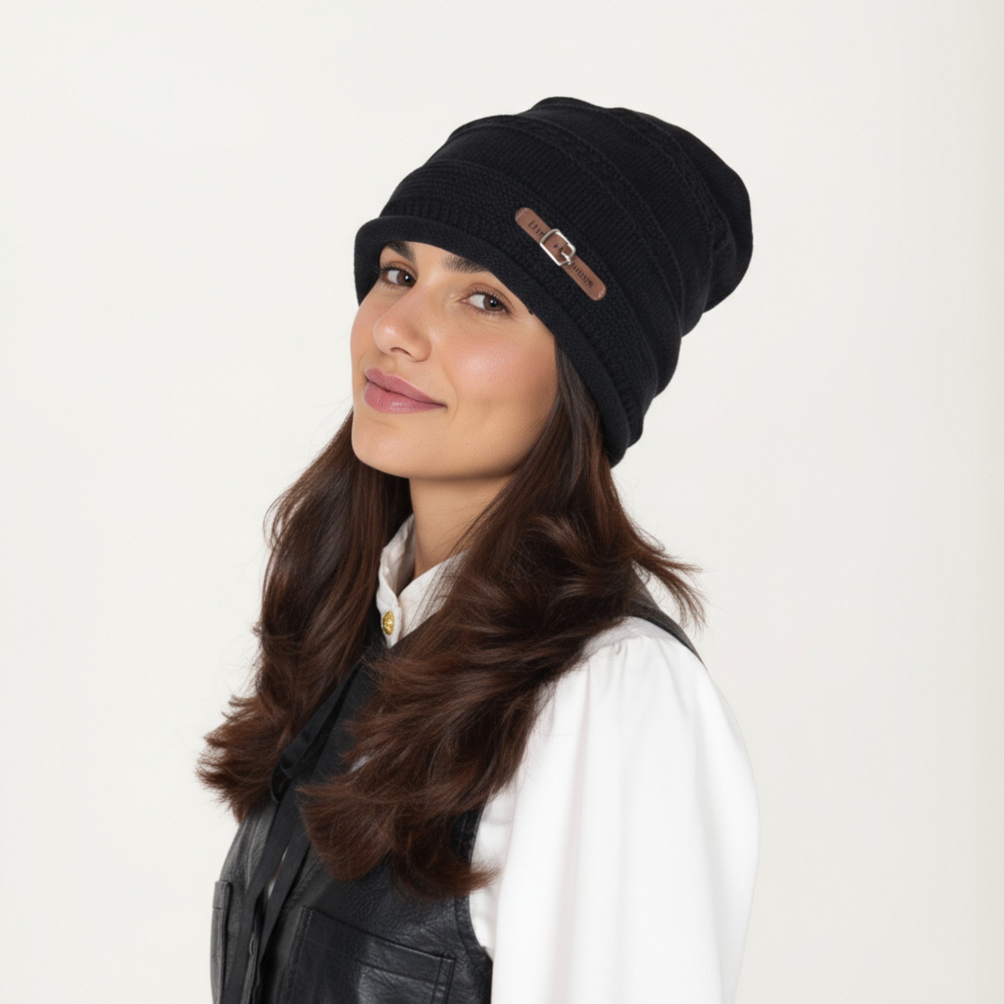Anna-Kaci Women's Knit Beanie Hat with Faux Leather Buckle Detail and Folded Edge