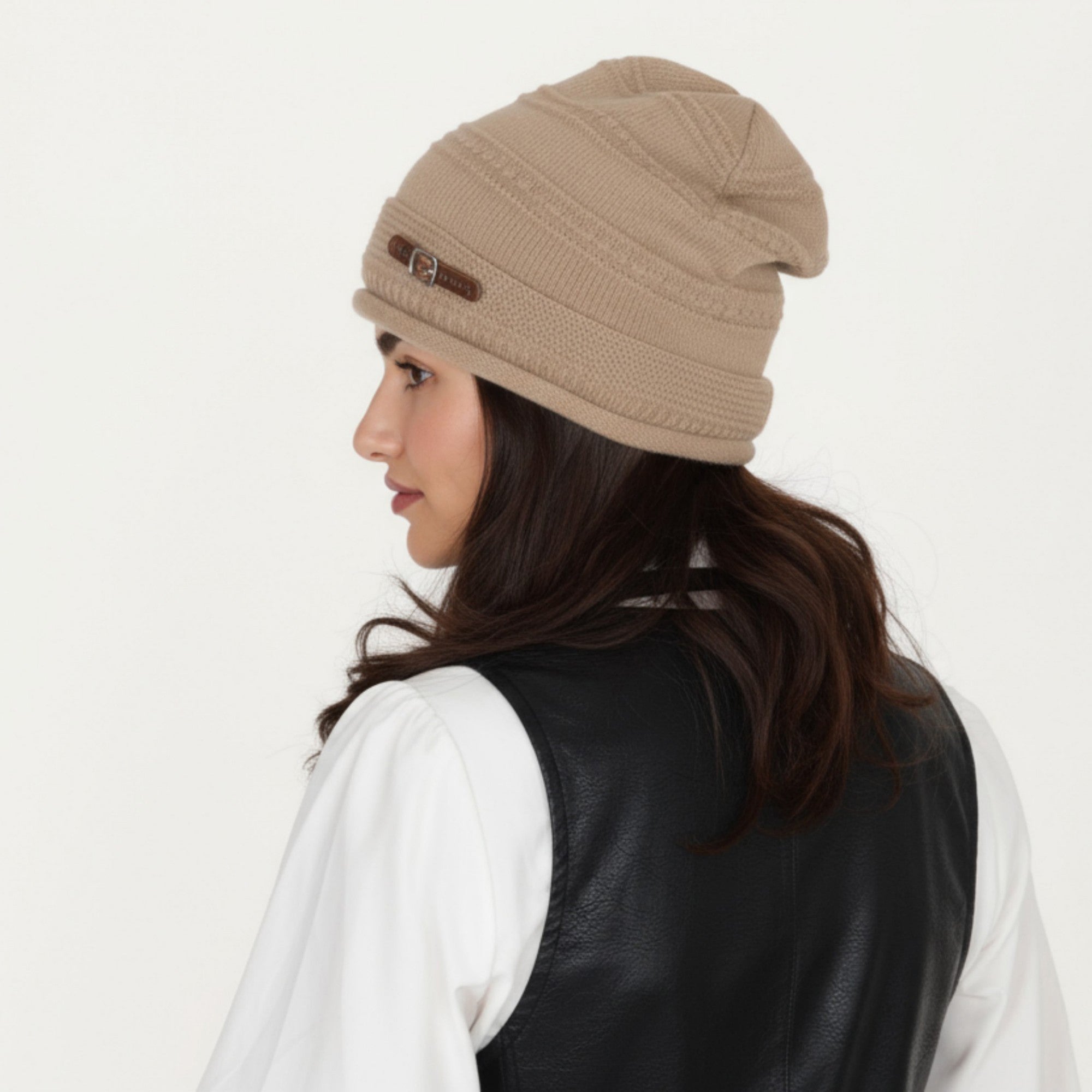Anna-Kaci Women's Knit Beanie Hat with Faux Leather Buckle Detail and Folded Edge