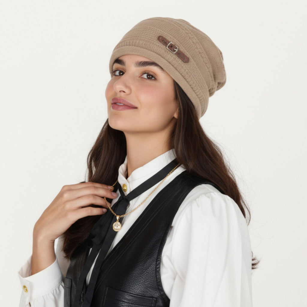 Anna-Kaci Women's Knit Beanie Hat with Faux Leather Buckle Detail and Folded Edge