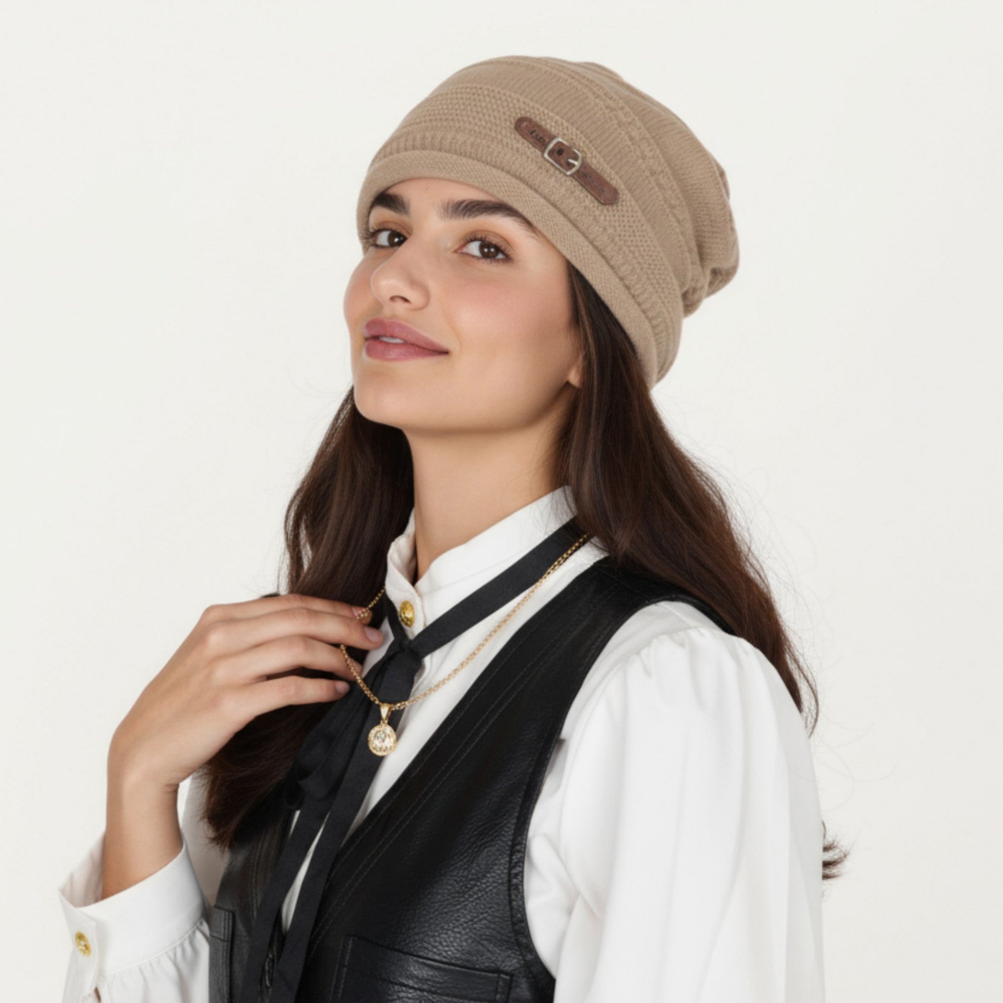 Anna-Kaci Women's Knit Beanie Hat with Faux Leather Buckle Detail and Folded Edge