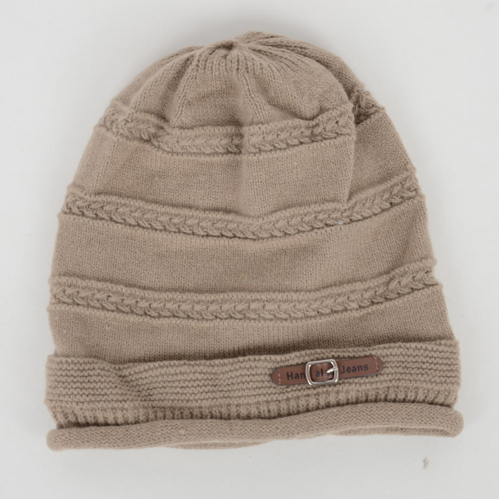 Anna-Kaci Women's Knit Beanie Hat with Faux Leather Buckle Detail and Folded Edge