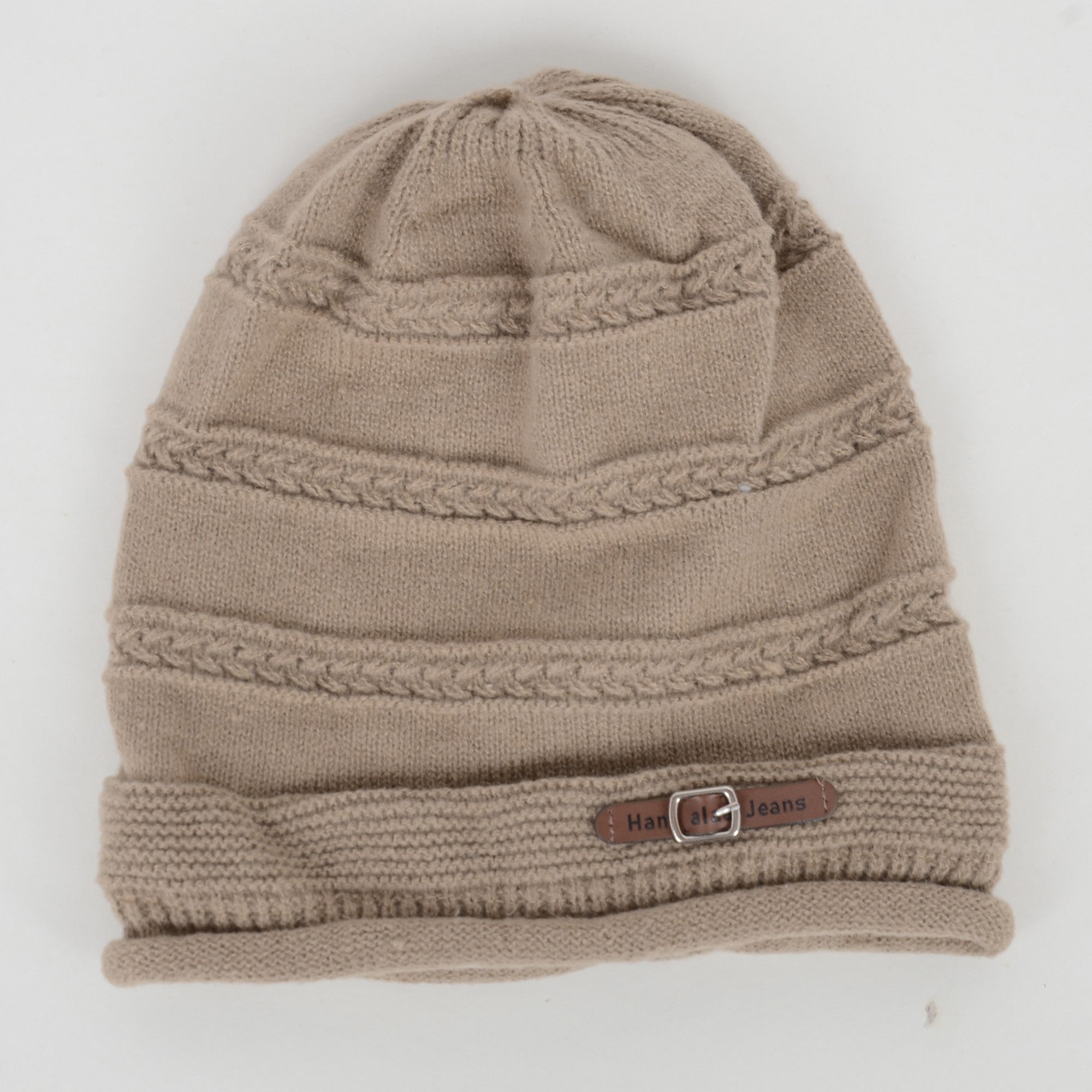 Anna-Kaci Women's Knit Beanie Hat with Faux Leather Buckle Detail and Folded Edge