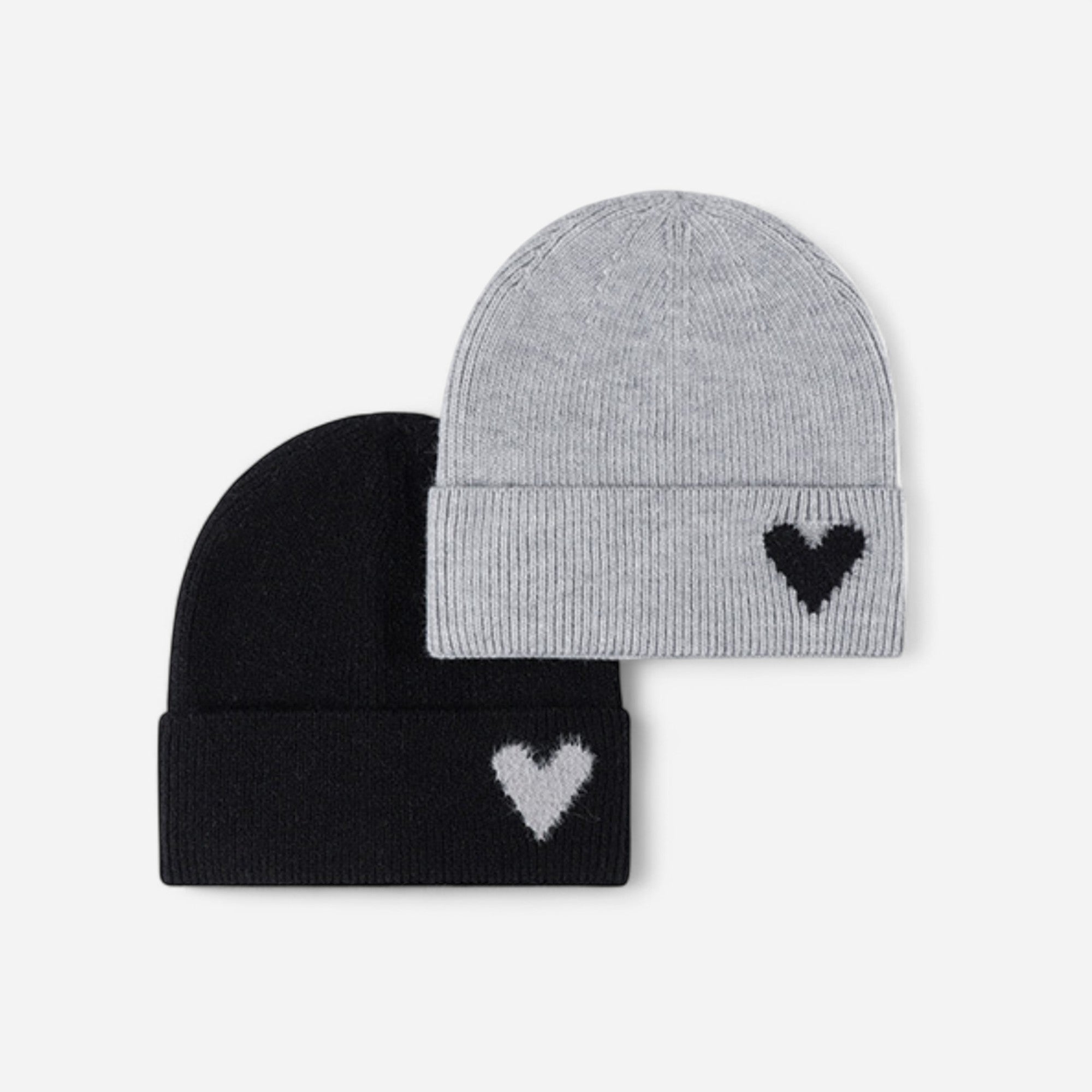 Anna-Kaci Women's Knit Beanie Hat with Embroidered Heart Detail and Folded Cuff
