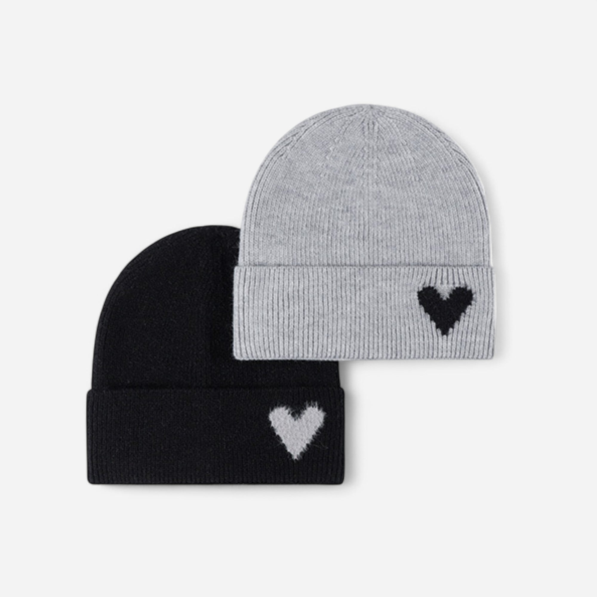 Anna-Kaci Women's Knit Beanie Hat with Embroidered Heart Detail and Folded Cuff