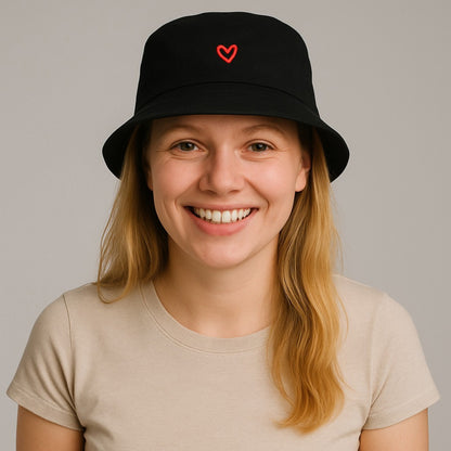 Anna-Kaci Women's Cotton Bucket Hat with Red Heart Embroidery and Wide Brim