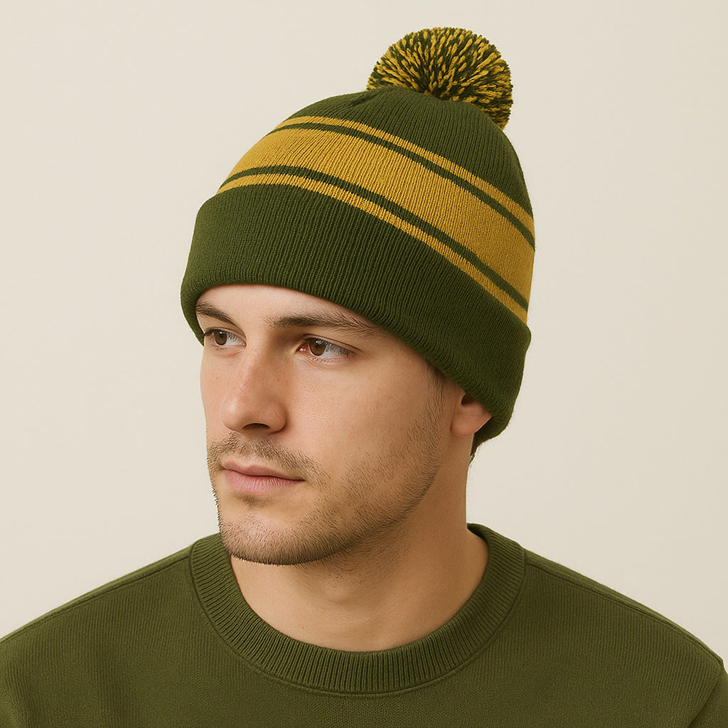 Anna-Kaci Winter Knit Beanie with Pom and Stripe Design Warm Stretchy Hat for Cold Weather