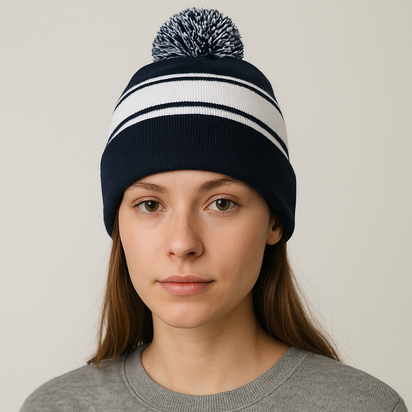 Anna-Kaci Winter Knit Beanie with Pom and Stripe Design Warm Stretchy Hat for Cold Weather