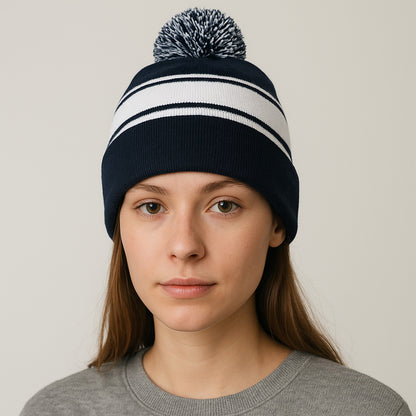 Anna-Kaci Winter Knit Beanie with Pom and Stripe Design Warm Stretchy Hat for Cold Weather