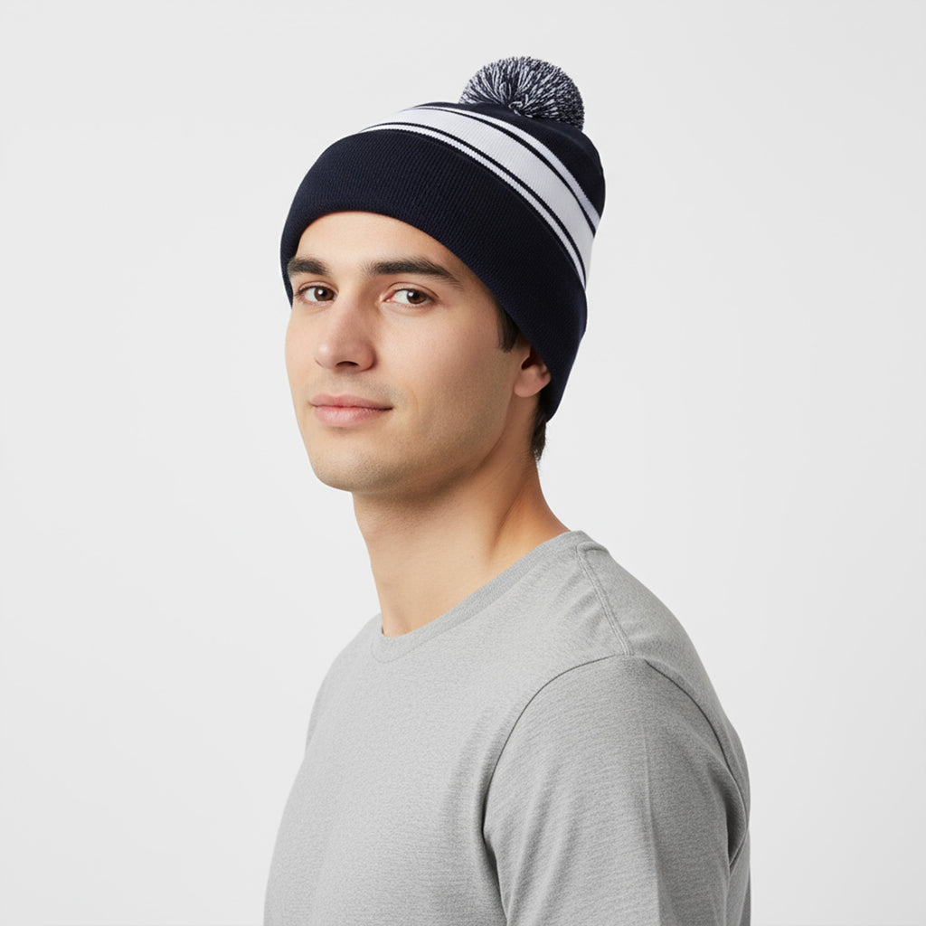 Anna-Kaci Winter Knit Beanie with Pom and Stripe Design Warm Stretchy Hat for Cold Weather