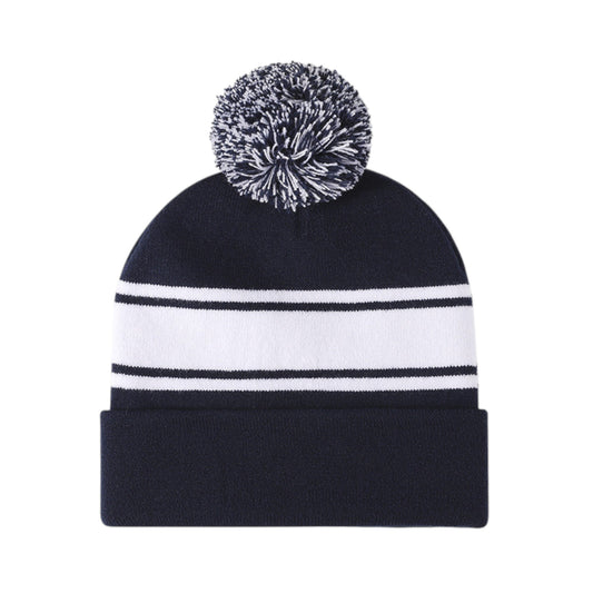 Anna-Kaci Winter Knit Beanie with Pom and Stripe Design Warm Stretchy Hat for Cold Weather