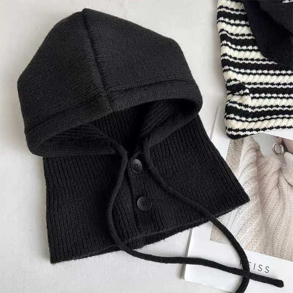 Anna-Kaci Women's Ribbed Knit Hooded Neck Warmer with Button Closure and Drawstring Design