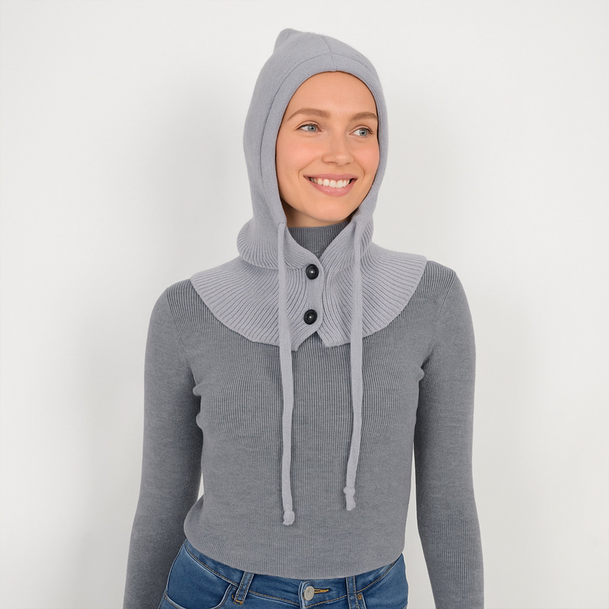 Anna-Kaci Women's Ribbed Knit Hooded Neck Warmer with Button Closure and Drawstring Design