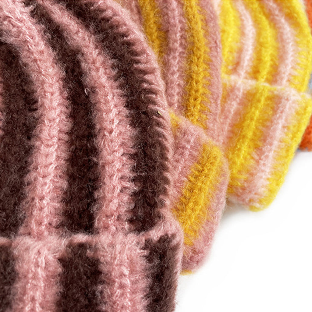 Anna-Kaci Knit Beanie with Colorblock Stripes and Folded Cuff Winter Hat