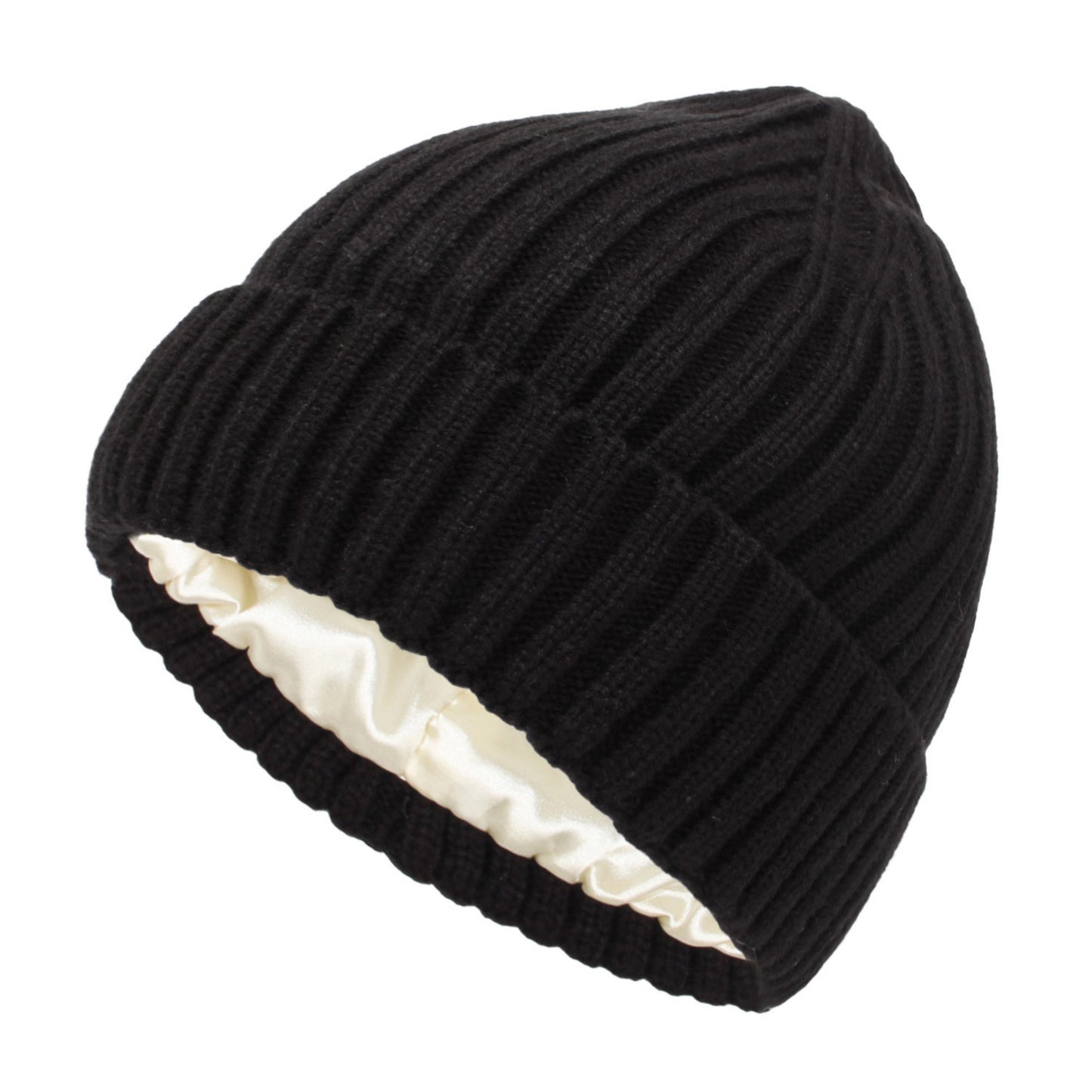 Anna-Kaci Women's Ribbed Knit Beanie Hat with Satin Lining and Folded Cuff