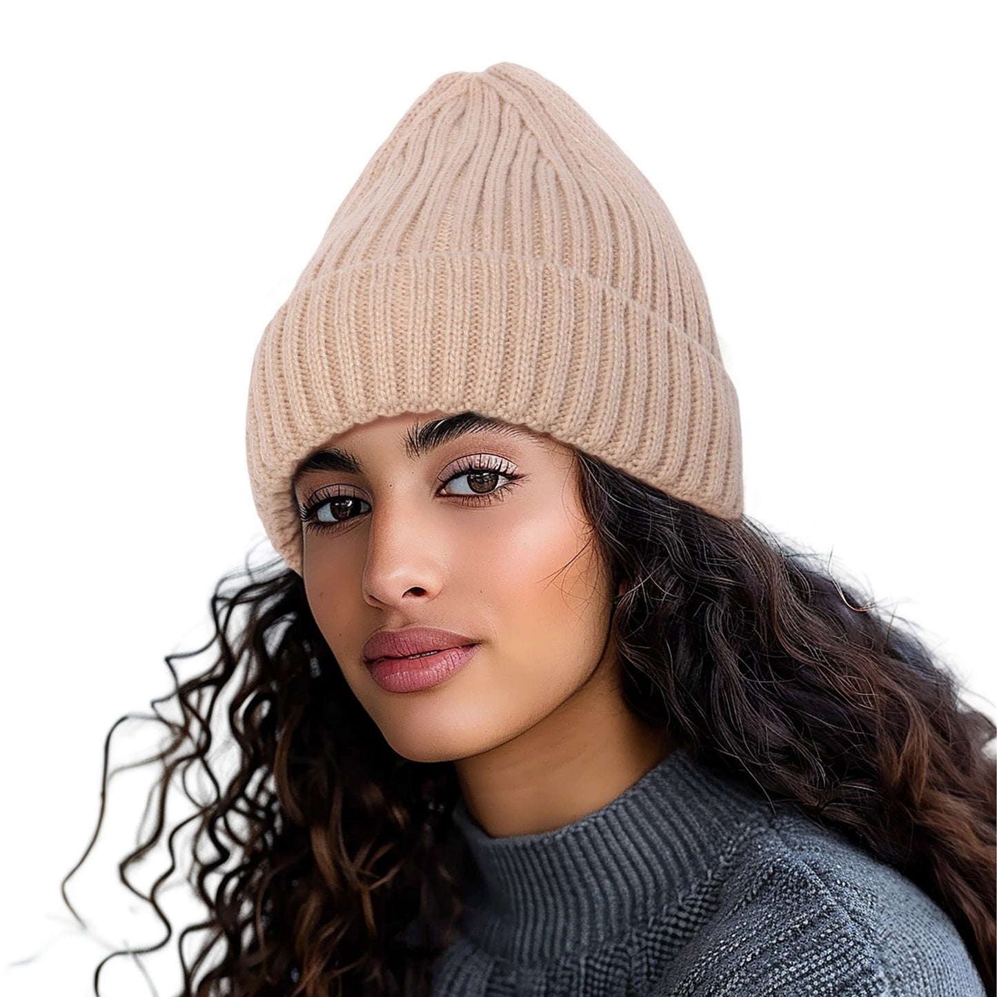 Anna-Kaci Women's Ribbed Knit Beanie Hat with Satin Lining and Folded Cuff