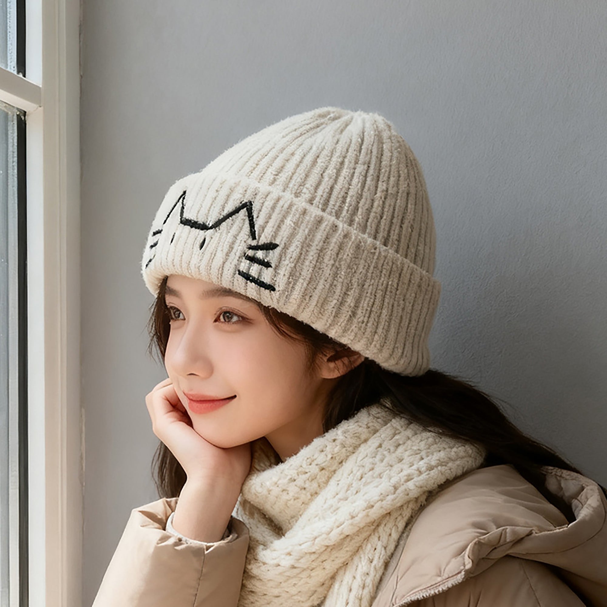 Anna-Kaci Women's Knitted Beanie with Cat Embroidery - Cute & Warm Winter Hat for Cold Weather