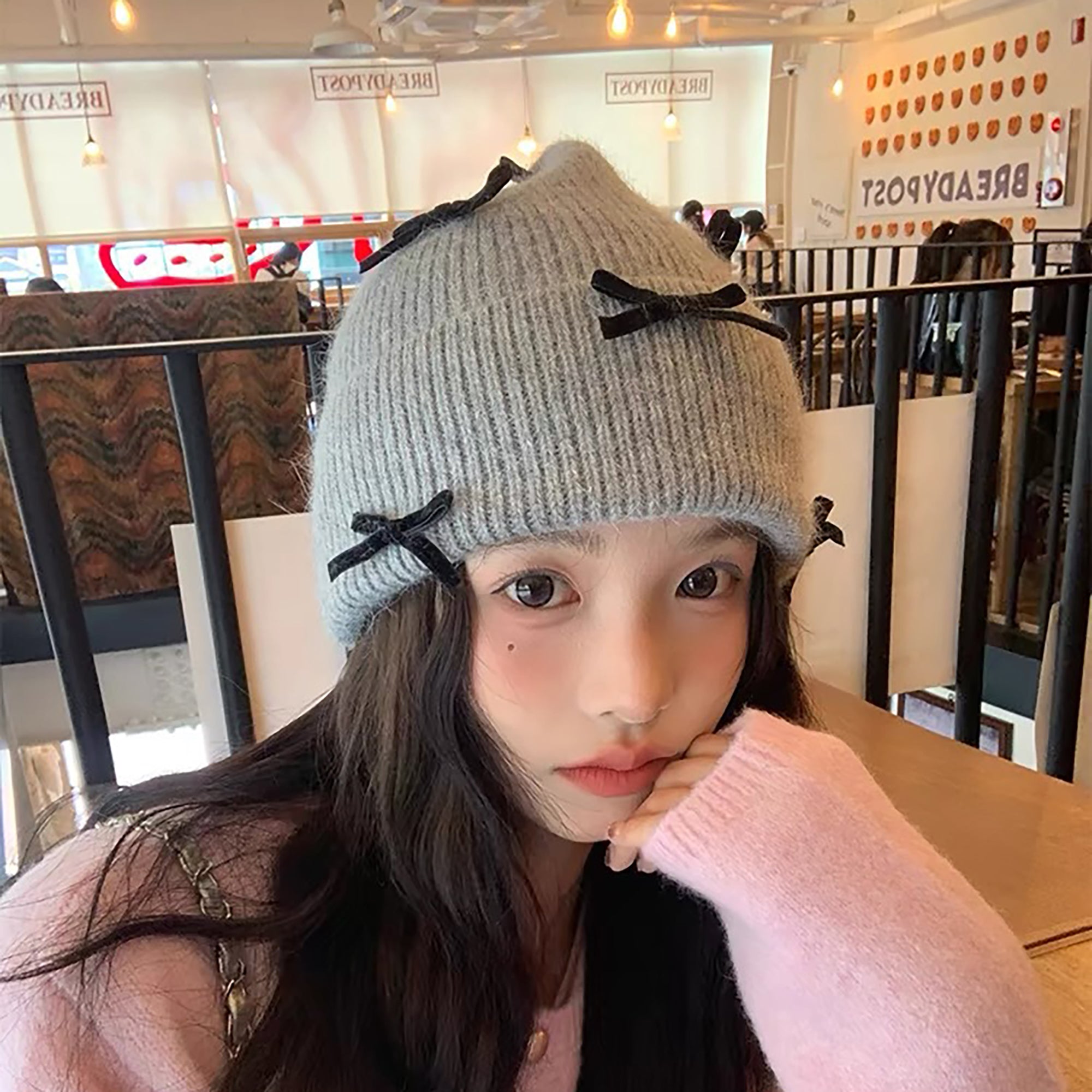 Anna-Kaci Women's Knitted Beanie with Black Bow Accents - Cute & Stylish Winter Hat for Cold Weather