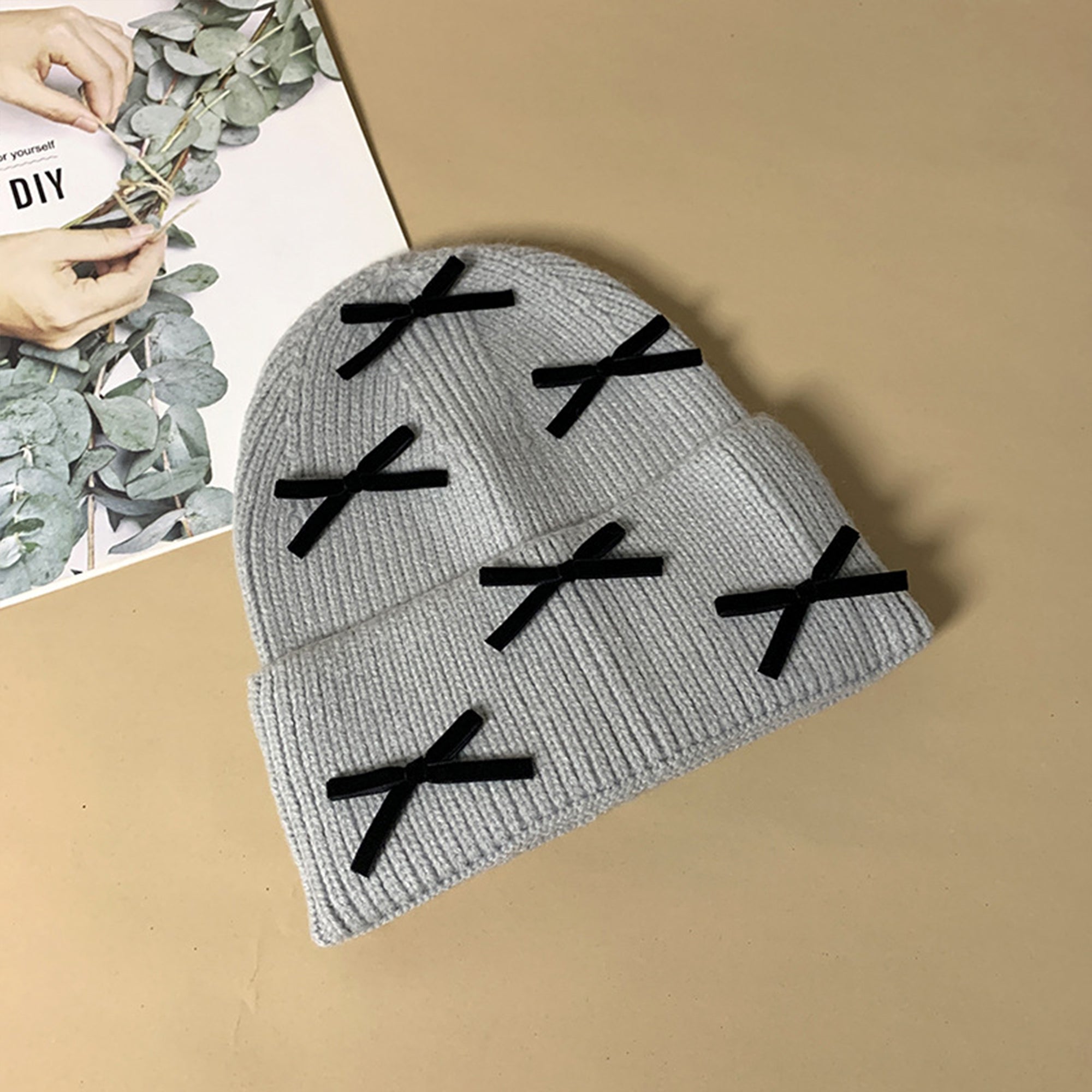 Anna-Kaci Women's Knitted Beanie with Black Bow Accents - Cute & Stylish Winter Hat for Cold Weather