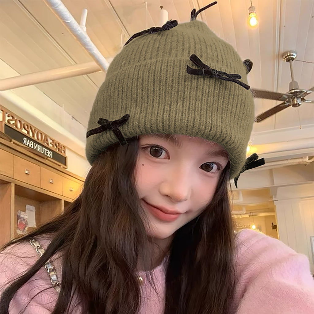 Anna-Kaci Women's Knitted Beanie with Black Bow Accents - Cute & Stylish Winter Hat for Cold Weather