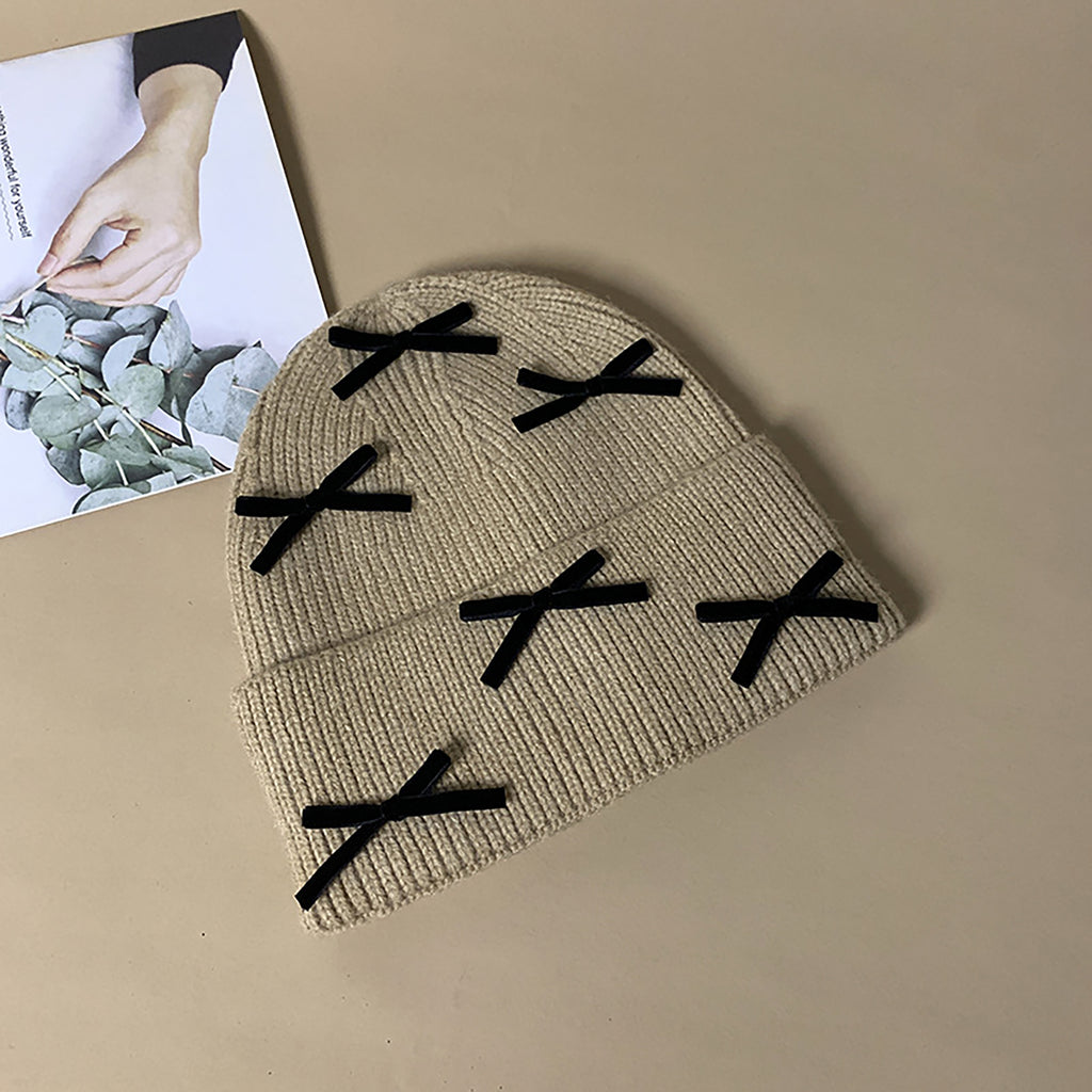 Anna-Kaci Women's Knitted Beanie with Black Bow Accents - Cute & Stylish Winter Hat for Cold Weather