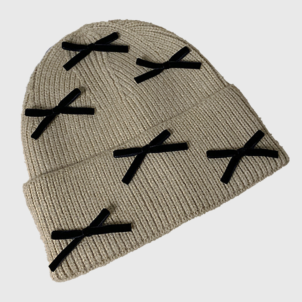 Anna-Kaci Women's Knitted Beanie with Black Bow Accents - Cute & Stylish Winter Hat for Cold Weather
