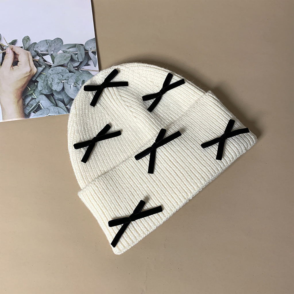 Anna-Kaci Women's Knitted Beanie with Black Bow Accents - Cute & Stylish Winter Hat for Cold Weather