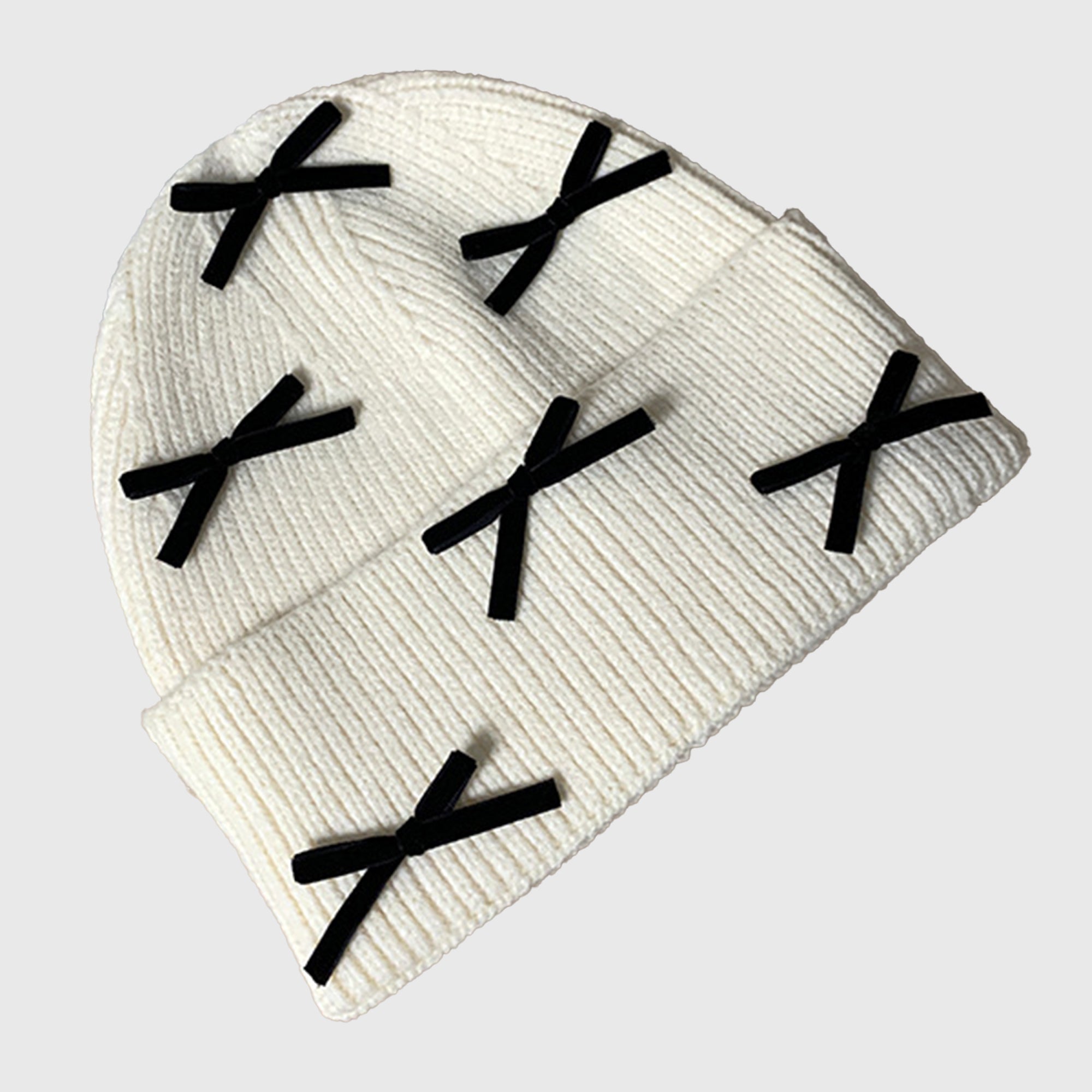 Anna-Kaci Women's Knitted Beanie with Black Bow Accents - Cute & Stylish Winter Hat for Cold Weather