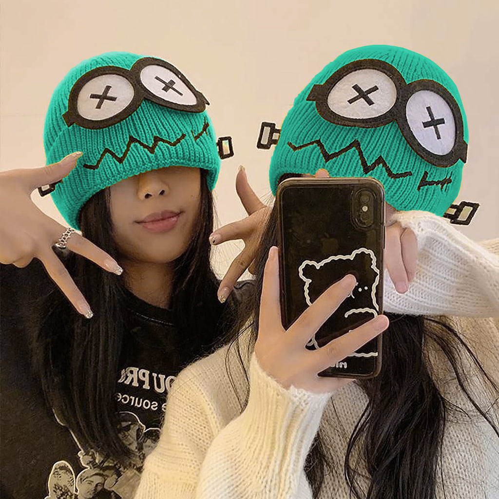 Anna-Kaci Women's Knitted Beanie with Cartoon Monster Eye Design - Cute & Warm Winter Hat for Cold Weather