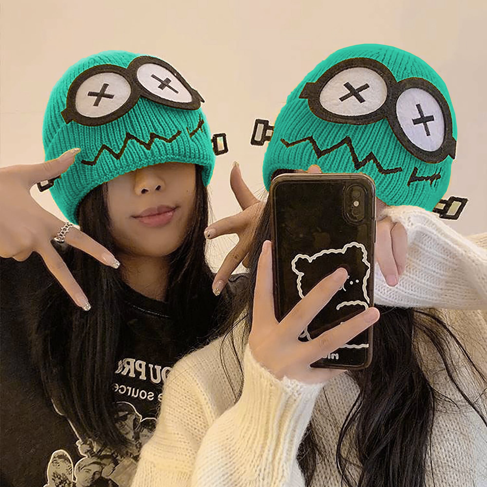 Anna-Kaci Women's Knitted Beanie with Cartoon Monster Eye Design - Cute & Warm Winter Hat for Cold Weather
